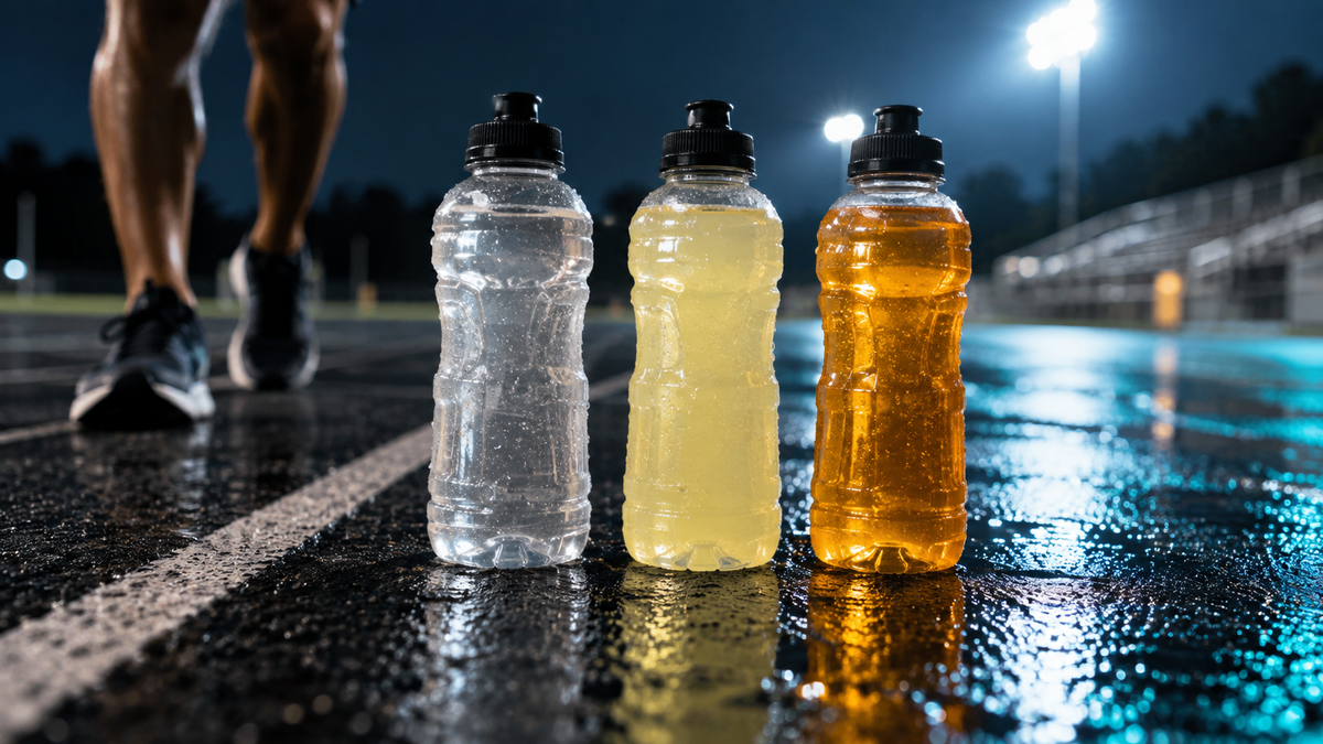 Three unlabelled sports drinks on a running track