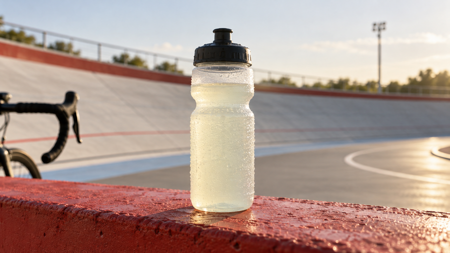 Sports drink bottle on a red ledge beside a velodrome