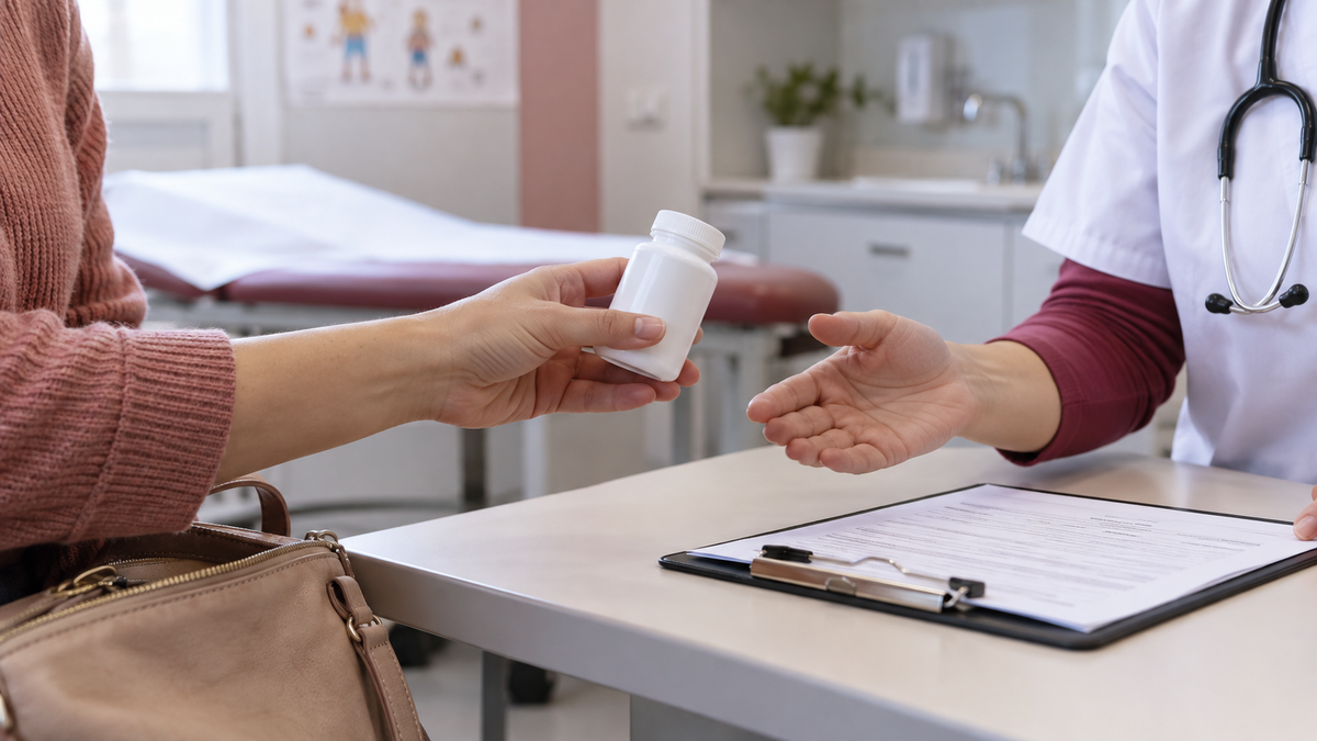 Parent discussing a child's supplements before laboratory tests