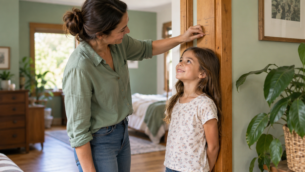 Parent checking a child's height marks at home