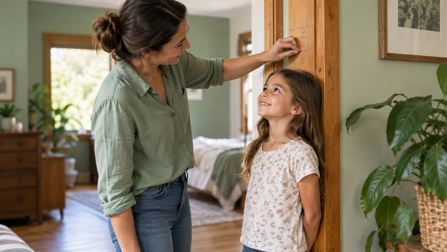 Parent checking a child's height marks at home