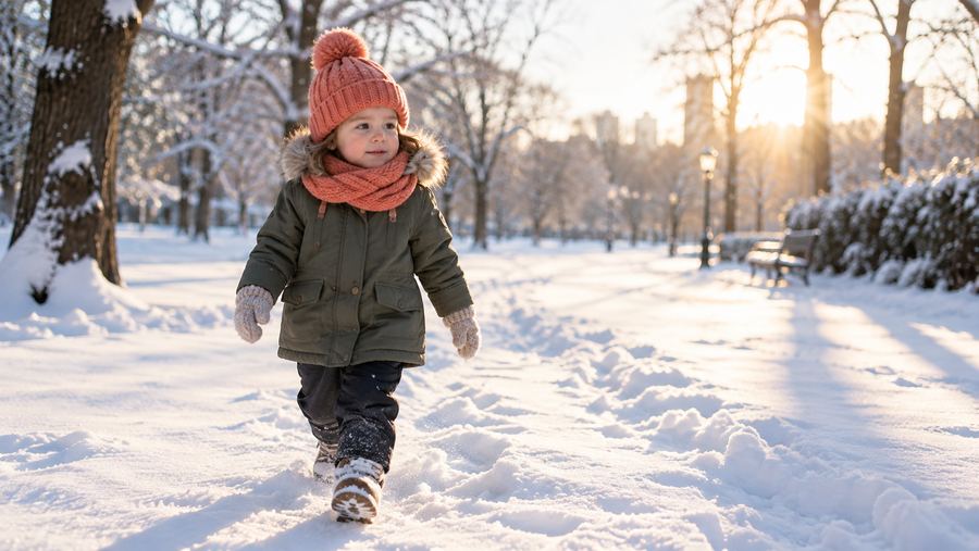 Child walking in a snowy park in winter light