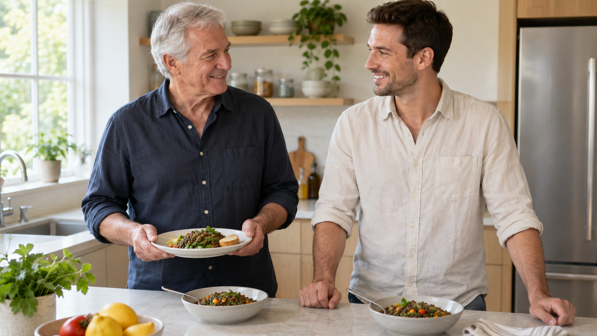 Two adult generations preparing lunch together at a kitchen counter